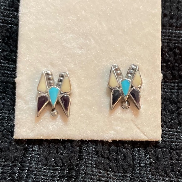 Jewelry - Vintage Zuni Silver Inlay Turquoise/Onyx/Mother of Pearl Butterfly Earrings